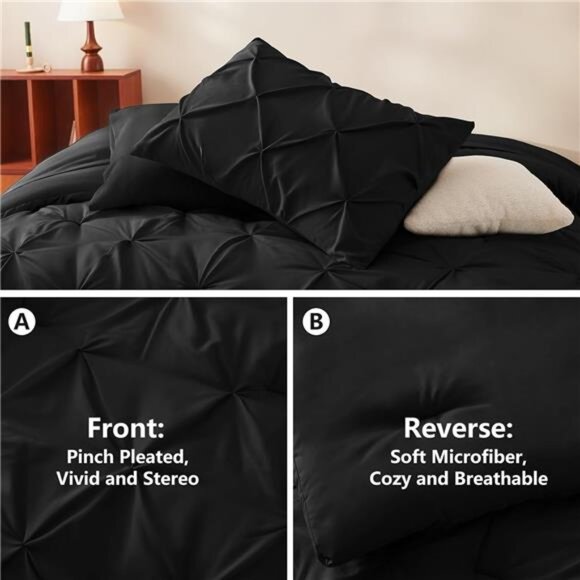 Queen Comforter Set Black, 7 Pieces Pintuck Bed in A Bag,Premium Black Comforter - Picture 3 of 7